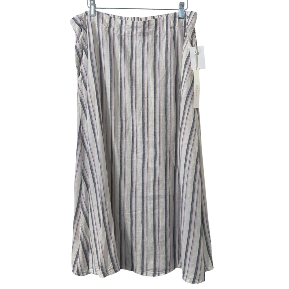 Caslon Striped Linen Blend Midi Skirt Womens L White Purple Blue NWT Flawed